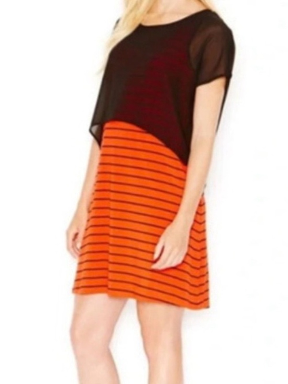 NWT Kensie Red Black Striped Dress Size S Sheer Chiffon Overlay Short Sleeve